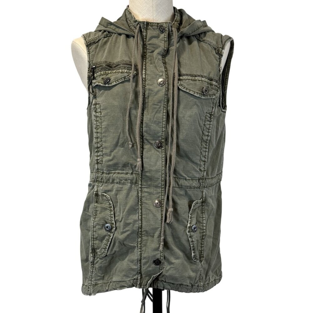 Marrakech Womens Small Olive Green Distressed Hooded Utility Vest Zip Snap Front